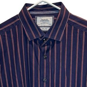 Charles Tyrwhitt Men's Slim Fit Striped Button Down Shirt Navy Blue Red 18/37